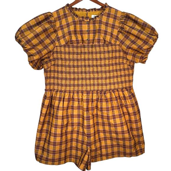 Anthropologie Maeve Romper Plus Size 3X Smocked Plaid Puff Sleeve Academia - Picture 1 of 11